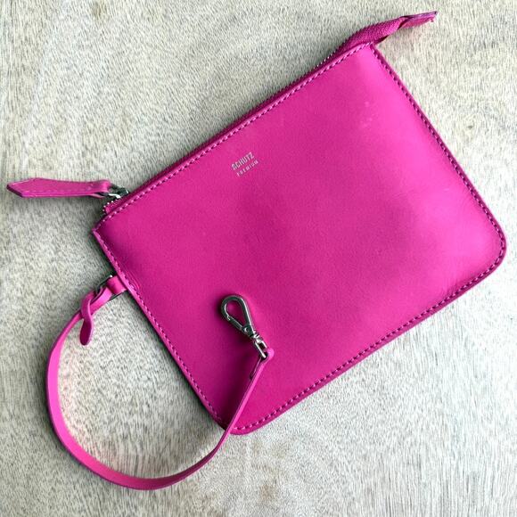SCHUTZ Pink Leather Wristlet Clutch Pouch Fuchsia Small Bag Minimalist Glam - Picture 1 of 7